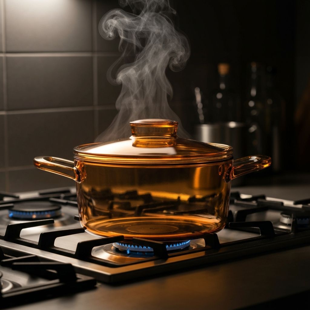 Visions glass-ceramic cookware on stovetop with amber glow